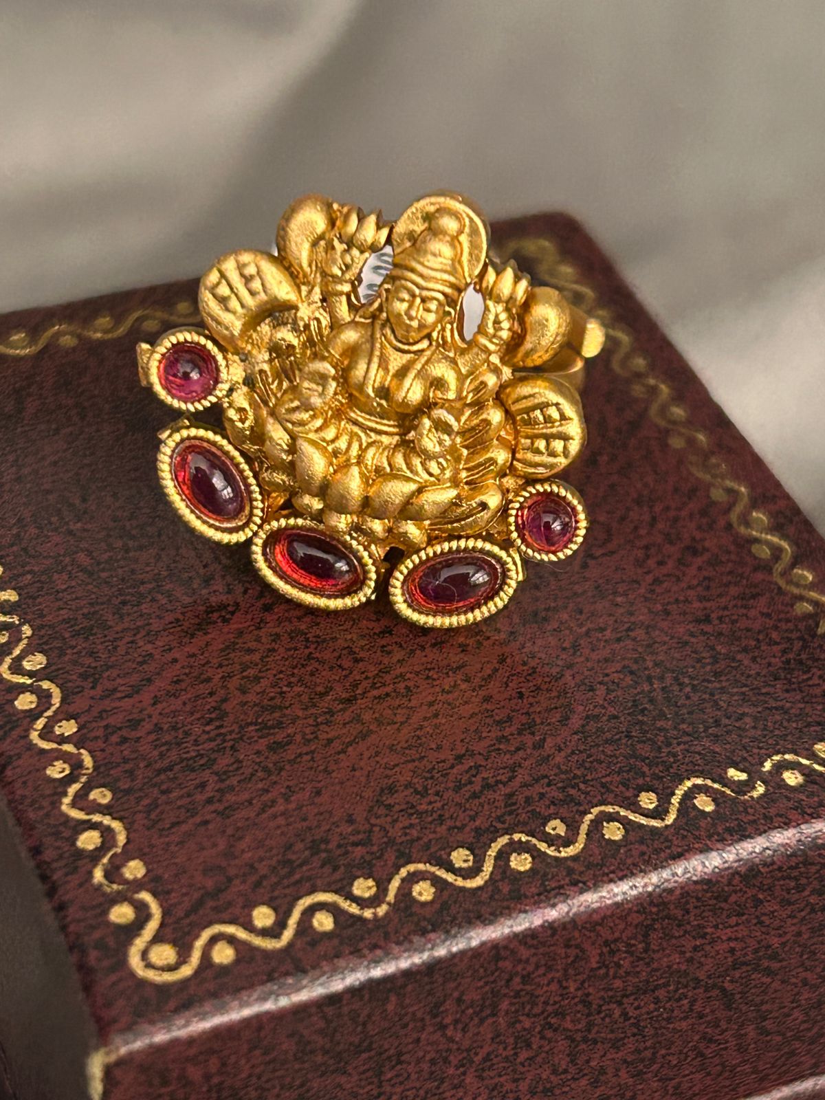Adjustable Temple Jewellery Ring – Goddess Lakshmi Design with Ruby Stones